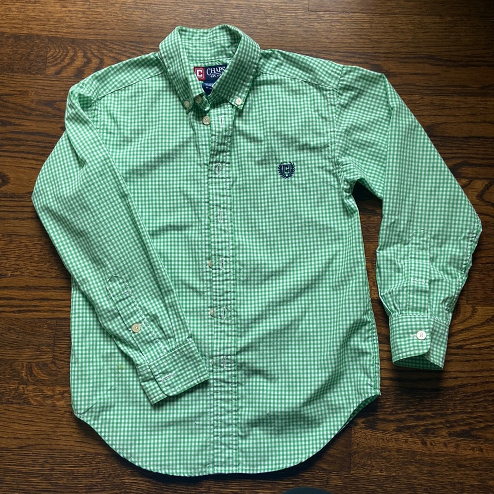 Green gingham plaid long sl shirt